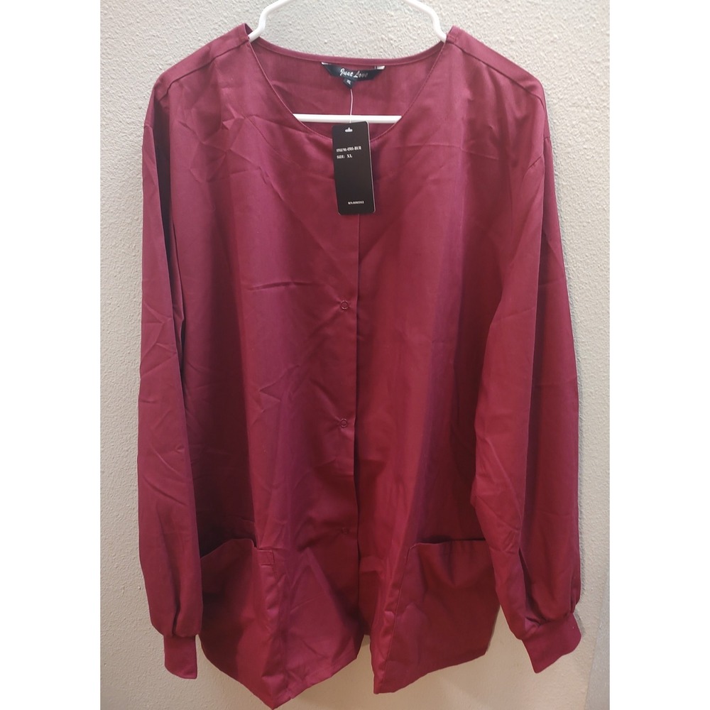 Just Love Womens Scrub Top Size XL Burgundy Woven Cotton Poly Snap Button 4501